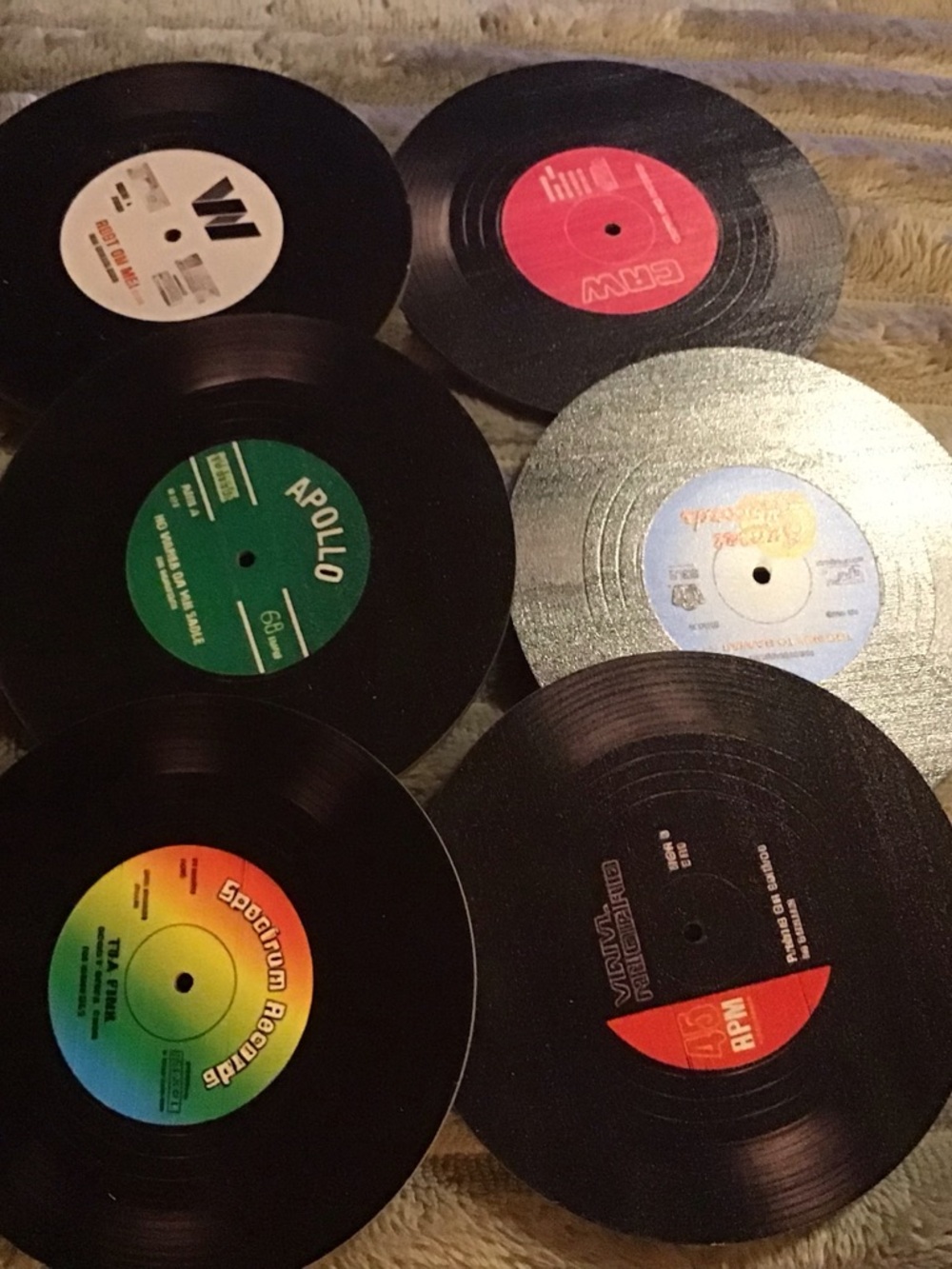 Set of six coasters with vinyl record designs